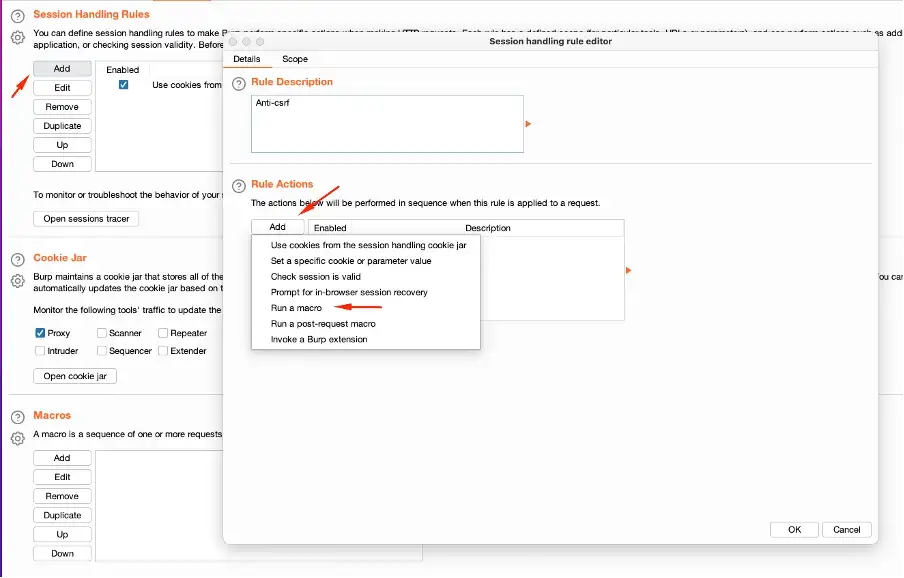 Using Burp macro to update anti csrf token in DVWA step 2