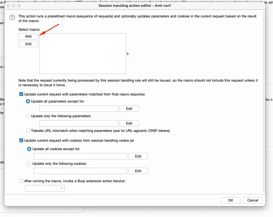 Using Burp macro to update anti csrf token in DVWA step 3