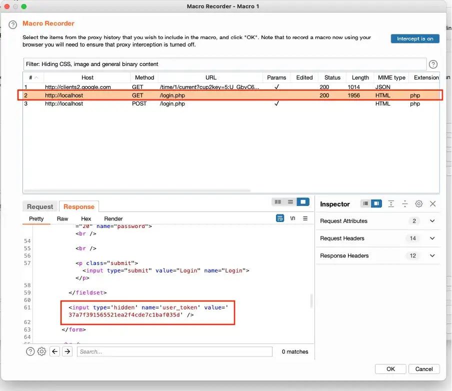 Using Burp macro to update anti csrf token in DVWA step 4