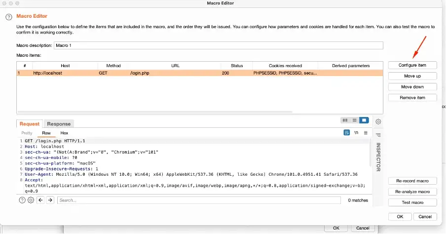 Using Burp macro to update anti csrf token in DVWA step 5