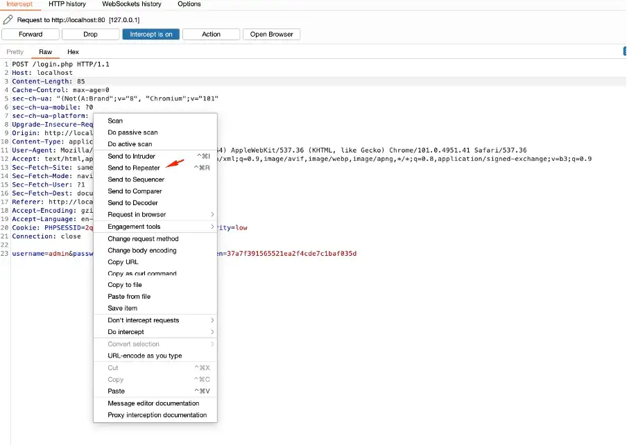 Using Burp macro to update anti csrf token in DVWA step 9