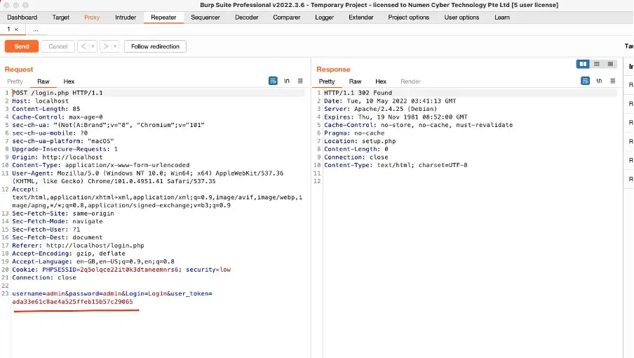 Using Burp macro to update anti csrf token in DVWA step 10