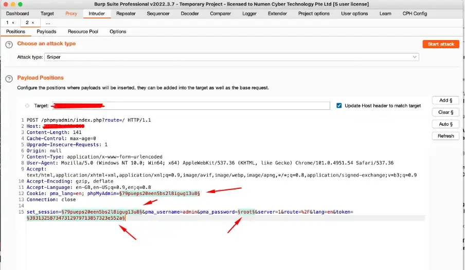 Using BurpSuite to update anti csrf tokens in phpMyAdmin Step 2