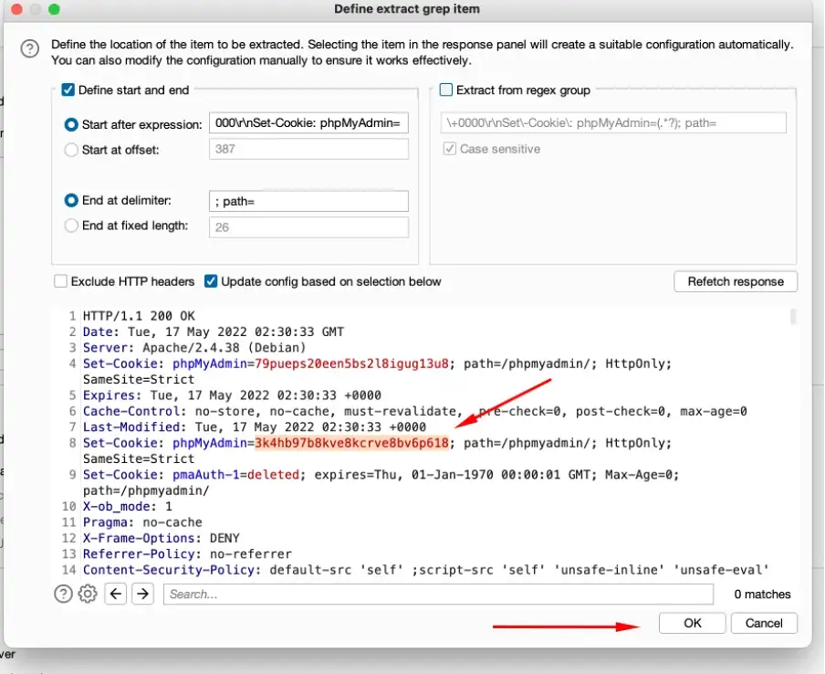 Using BurpSuite to update anti csrf tokens in phpMyAdmin Step 4