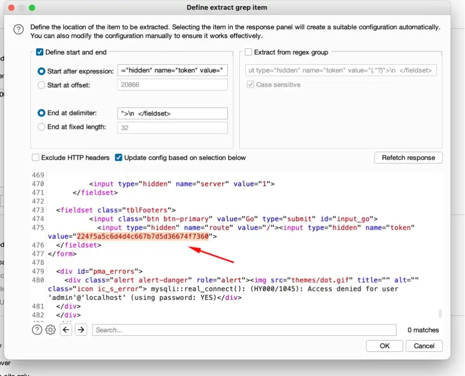 Using BurpSuite to update anti csrf tokens in phpMyAdmin Step 5