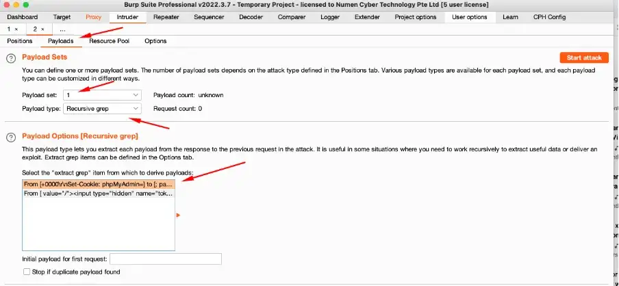 Using BurpSuite to update anti csrf tokens in phpMyAdmin Step 6