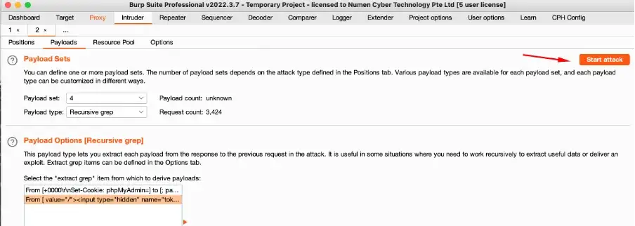 Using BurpSuite to update anti csrf tokens in phpMyAdmin Step 10