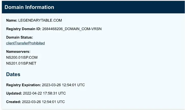 Legendarytable.com domain information