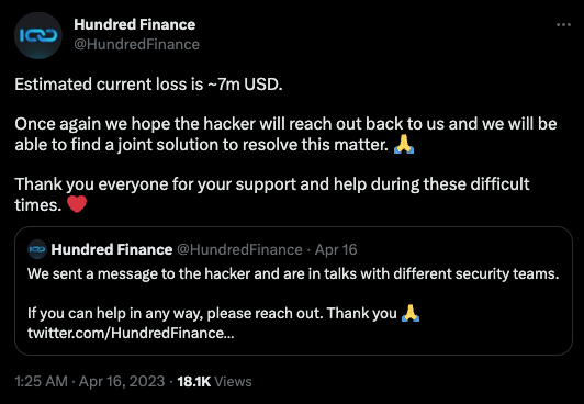 Hundred Finance Update Tweet