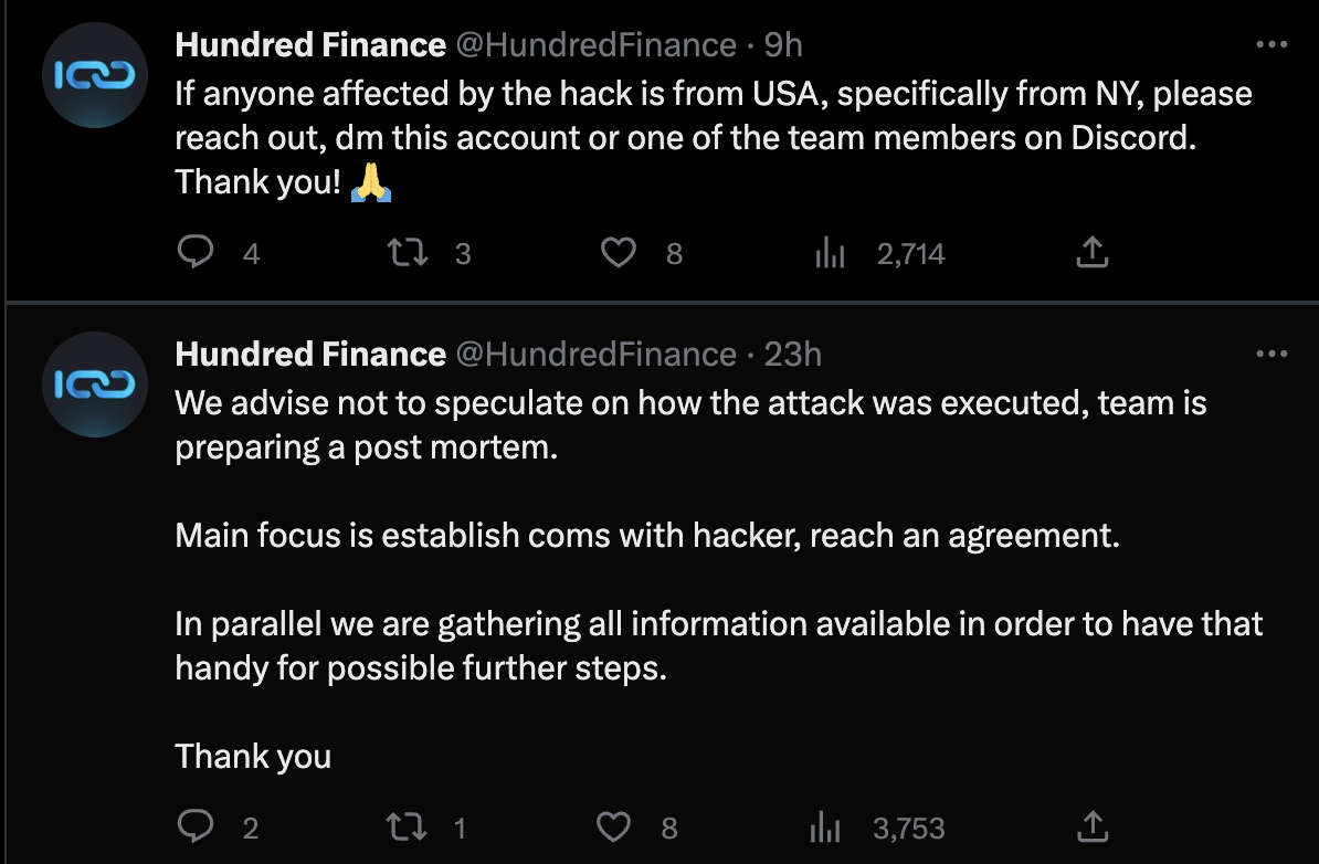Hundred Finance Update Tweet 2